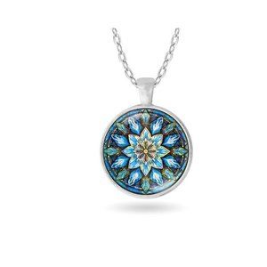Stained Glass Icy Blue Snowflake Art Winter Christmas Silver Pendant Necklace